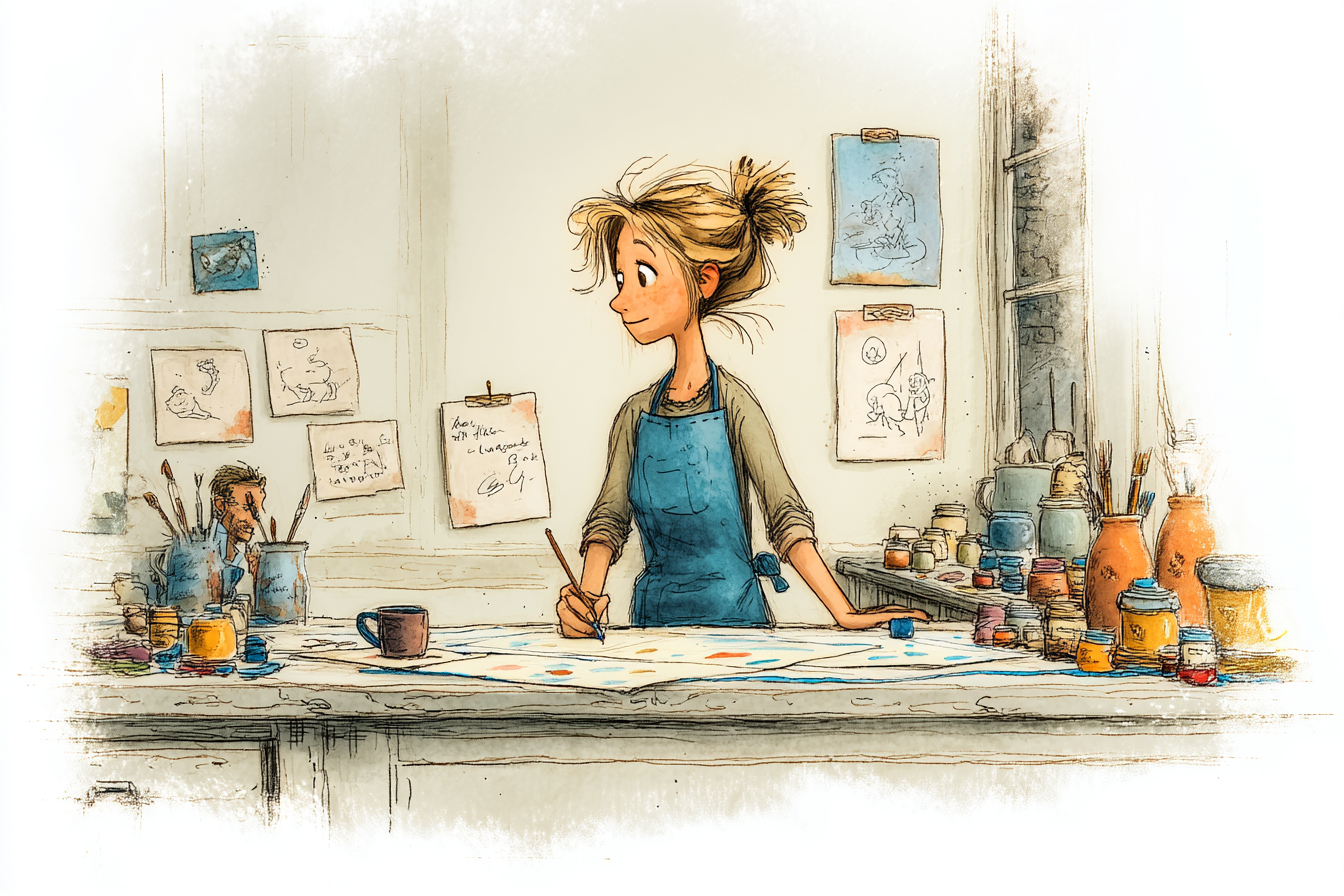 Mom in her studio, deep in a project, paint on her apron